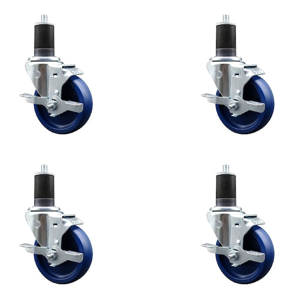 4'' Solid Poly Swivel 1-5/8'' Expanding Stem Caster Set with Brake, 4PK